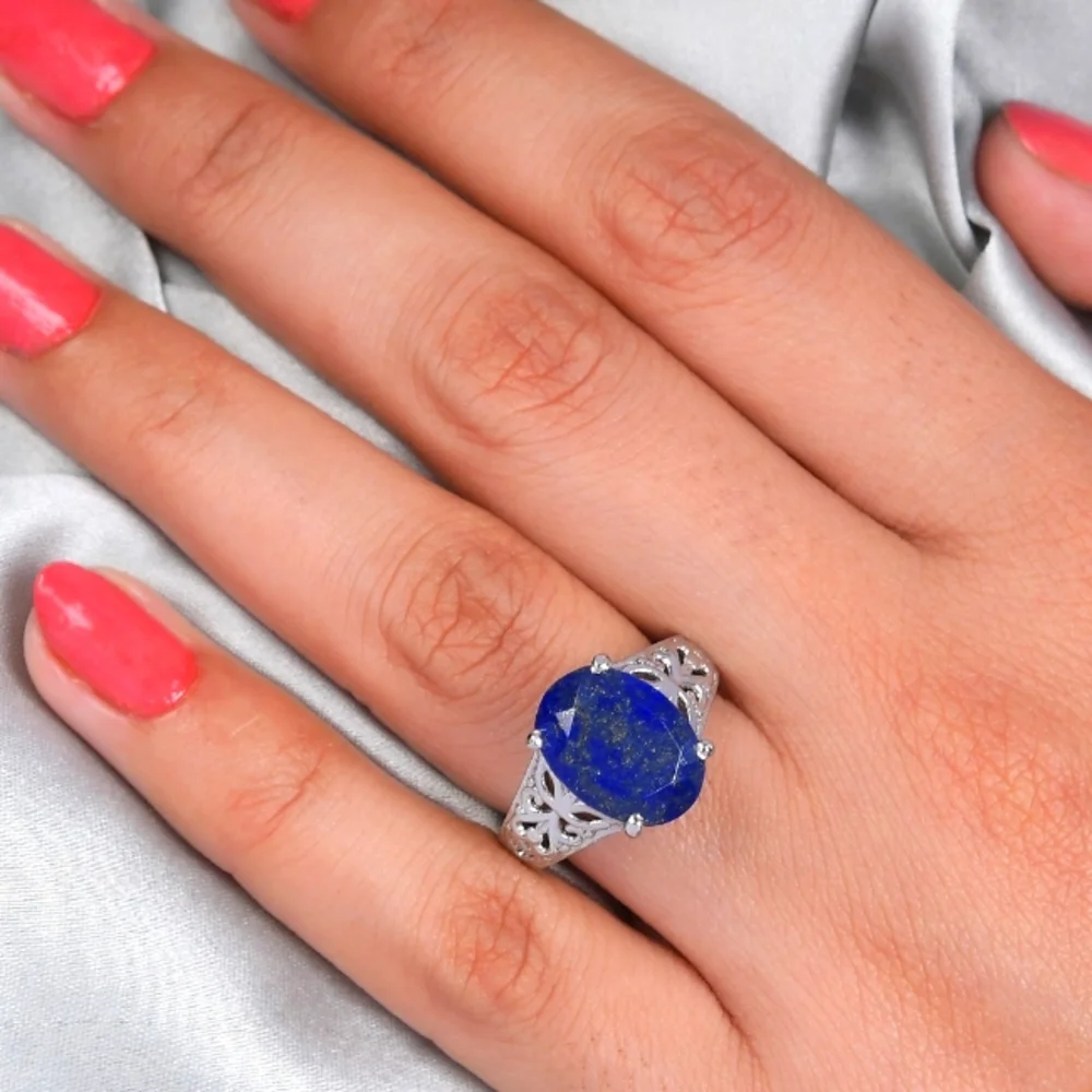 UNISEX STAINLESS STEEL BLUE LAPIS LAZULI SCROLLWORK RING - Picture 4 of 6